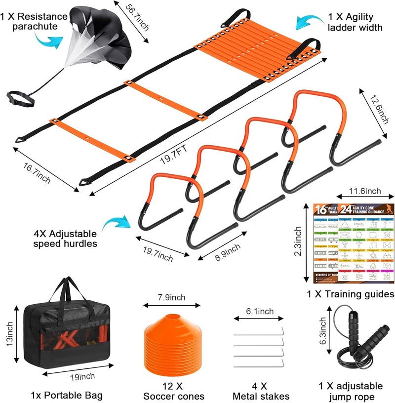 BORNEW Agility Speed Training Equipment Set, Football Practise Set with 20ft Agility Ladder, 12 Cones, 4 Adjustable Hurdles, Jump Rope, Parachute, for Basketball, Soccer, Football, Kids, Youth, Adults - Image 2